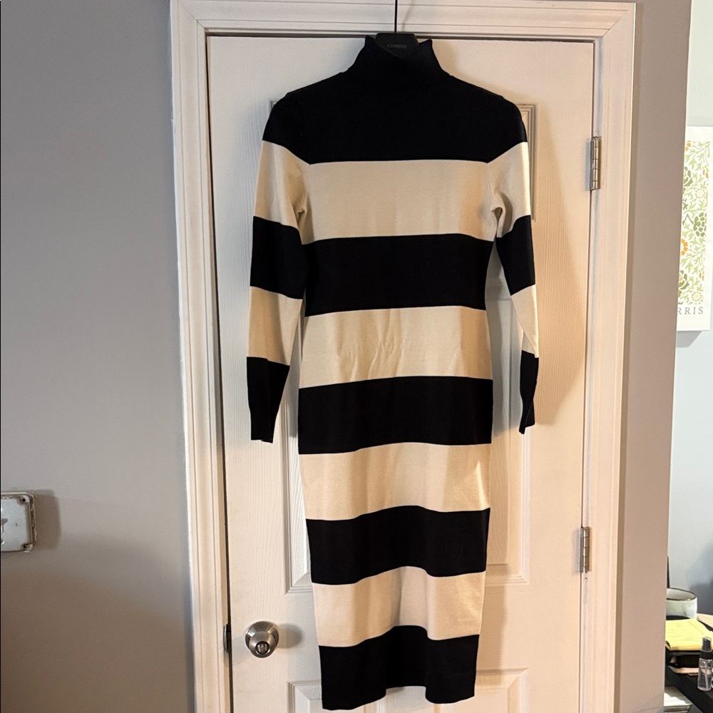 Express Striped Black and Cream Long Sleeve Dress